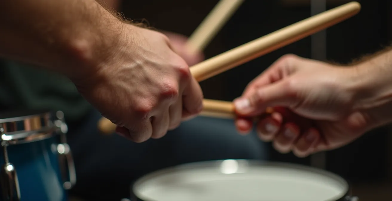 Gros plan sur les mains d'un batteur tenant ses baguettes avec différentes prises