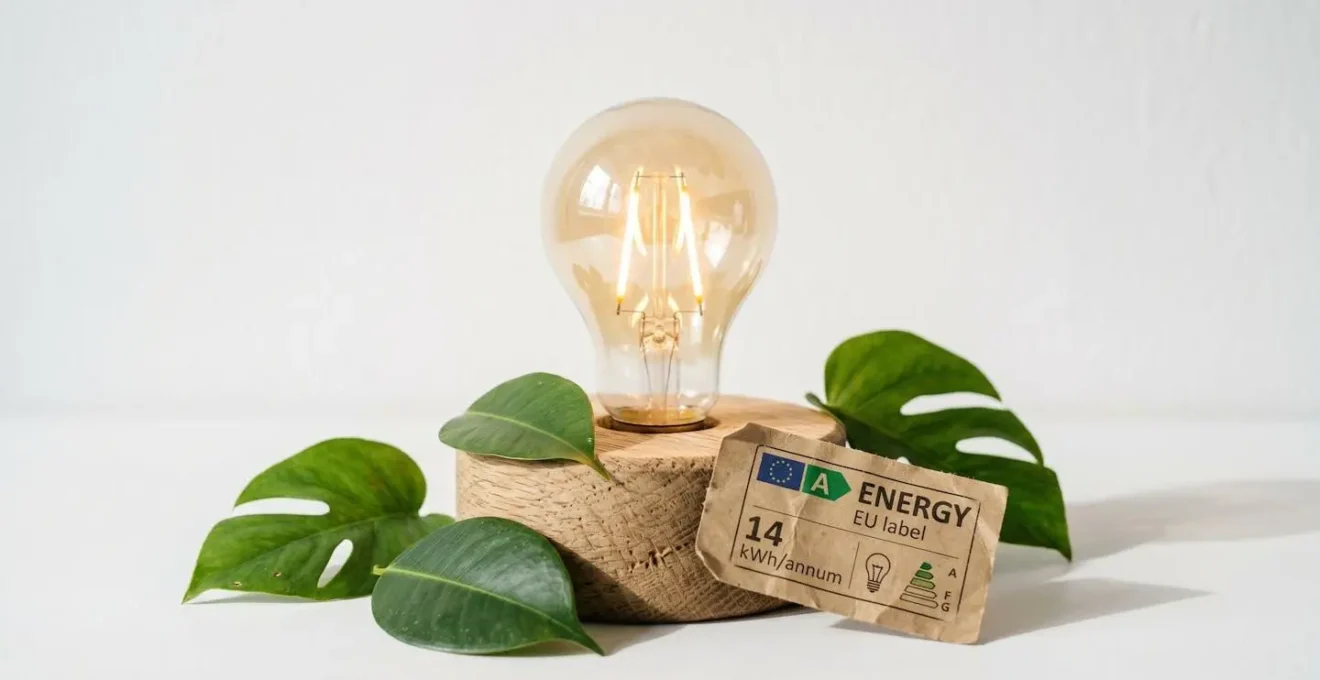 Ampoule LED allumée sur socle en bois entourée de feuilles vertes et d'une étiquette énergétique classe A, fond blanc minimaliste