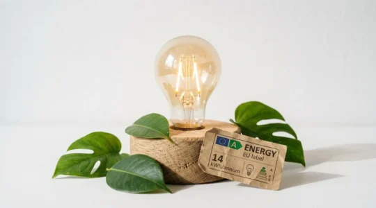 Ampoule LED allumée sur socle en bois entourée de feuilles vertes et d'une étiquette énergétique classe A, fond blanc minimaliste