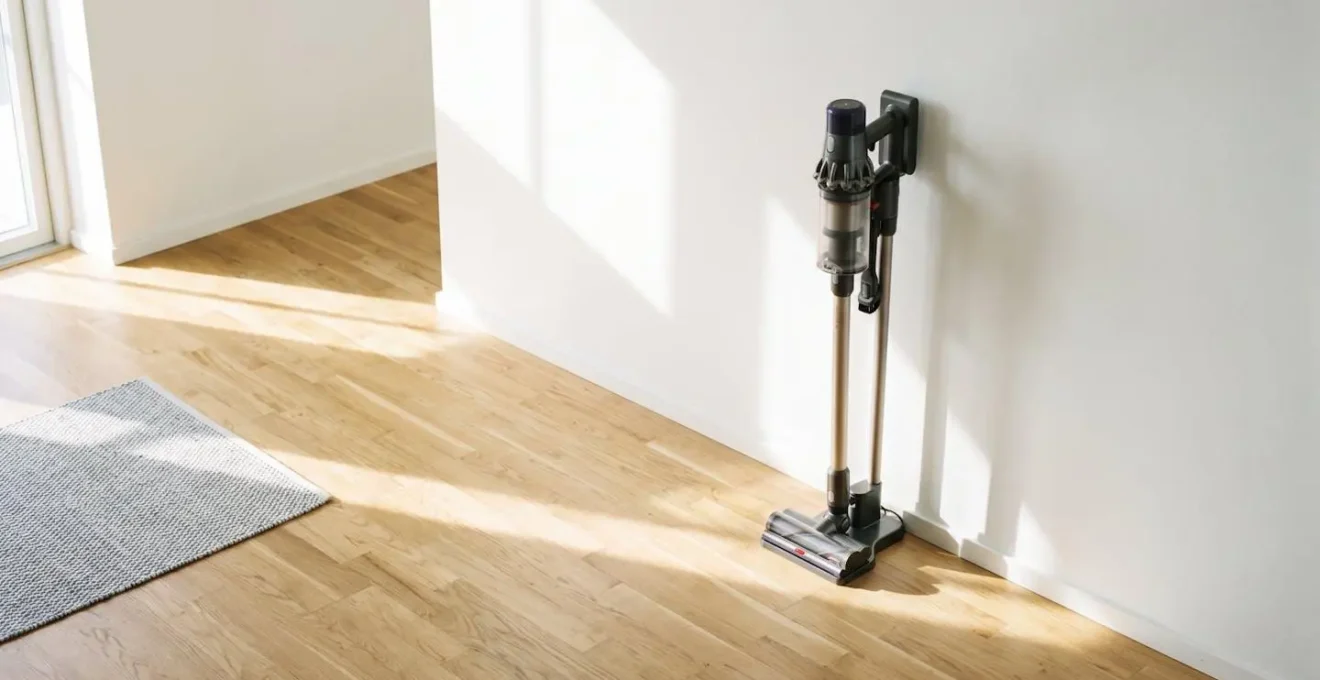 Vue en plongée d'un aspirateur balai posé contre un mur blanc dans un intérieur minimaliste avec parquet clair et lumière naturelle