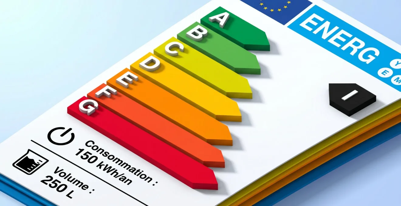 Illustration 3D d'une étiquette énergétique européenne avec échelle colorée de A à G et pictogrammes de consommation en français